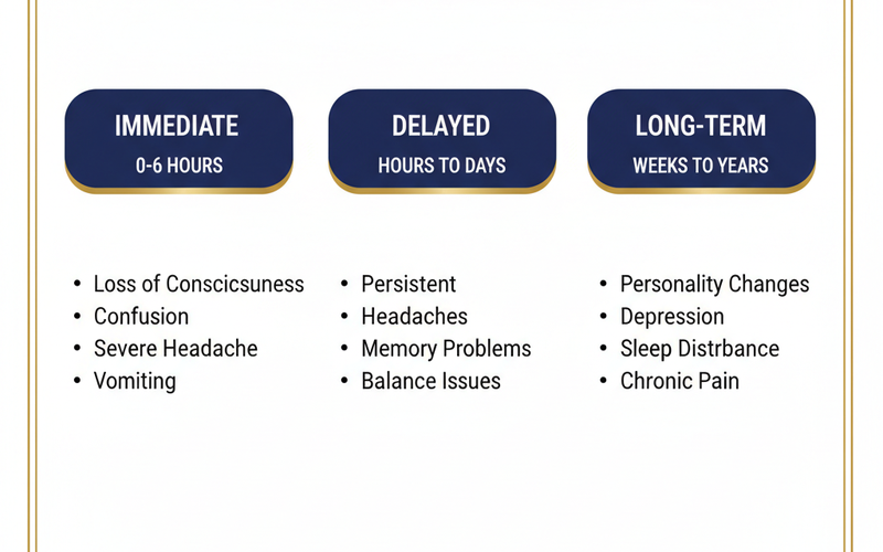 Atlanta Brain Injury Lawyer: Understanding TBI, Recovery, and Your Rights Medical infographic showing immediate, delayed, and long-term symptoms of traumatic brain injury including loss of consciousness, memory problems, personality changes, and chronic pain ā healthcare education style, navy and gold.