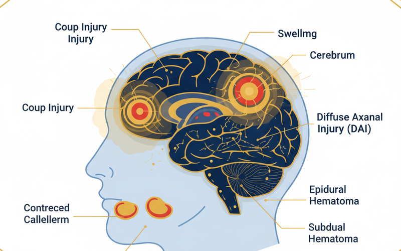 Medical infographic showing anatomical representation of traumatic brain injury (TBI) locations in the human brain, including common impact zones and swelling patterns