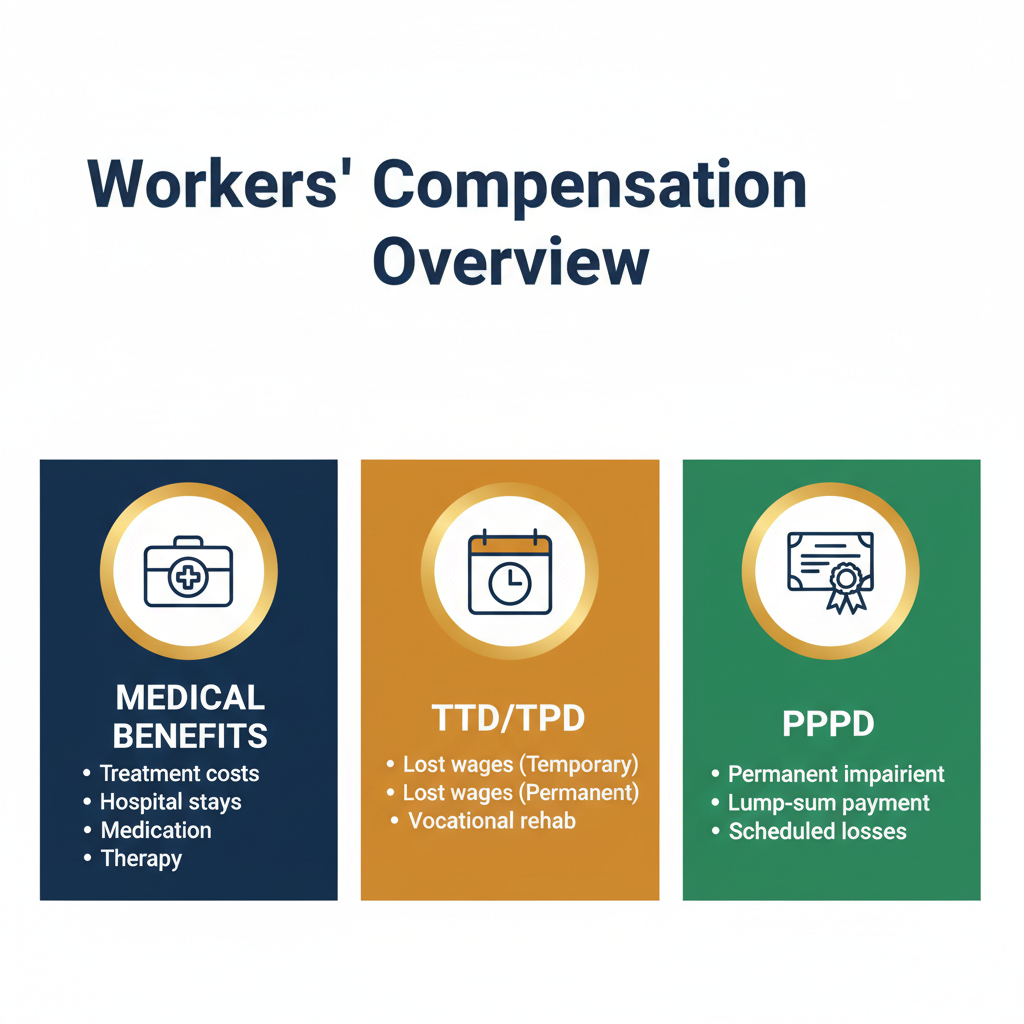 Infographic breakdown of workers' compensation benefits including medical, TTD/TPD, and PPD coverage
