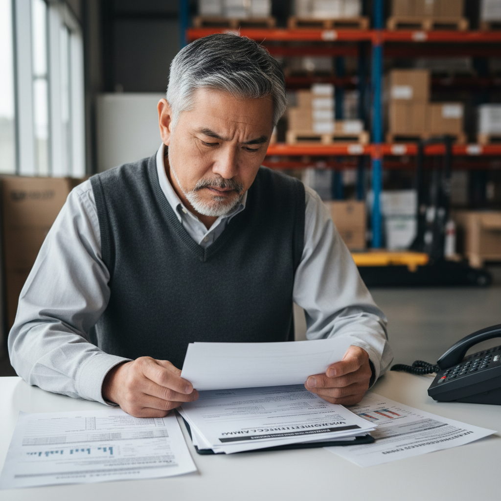 Worker reviewing workers' compensation claim forms and medical documents at desk