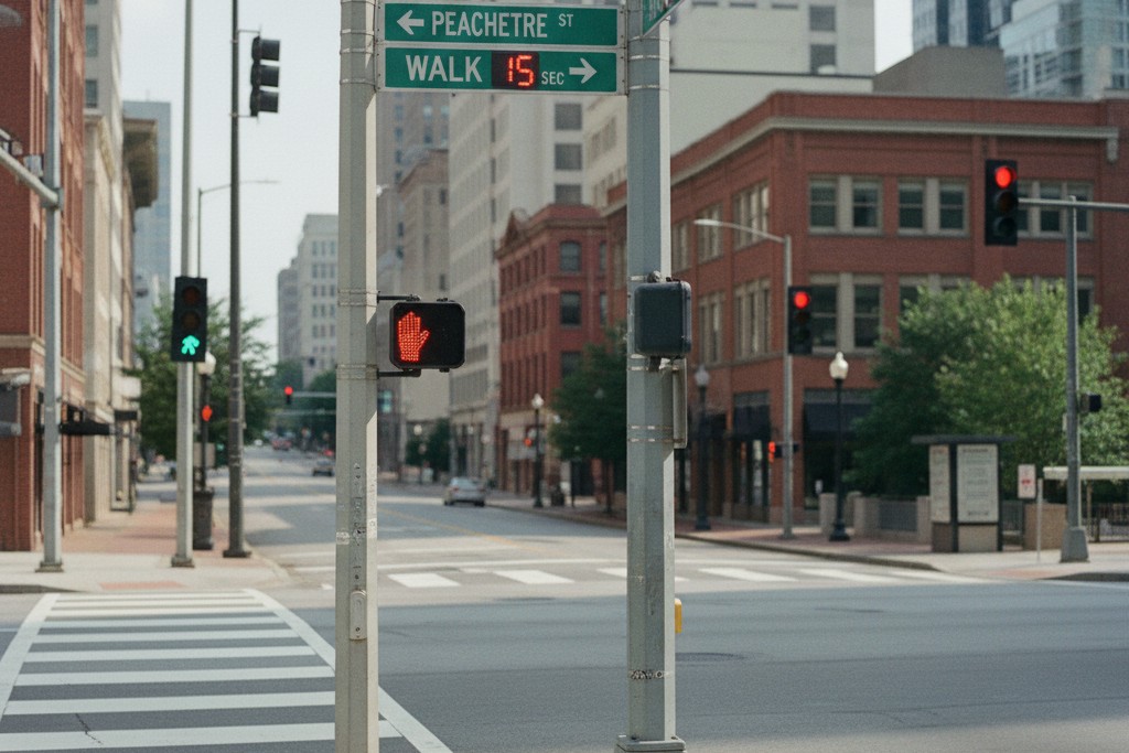 Busy Atlanta intersection with crosswalk signals representing pedestrian safety