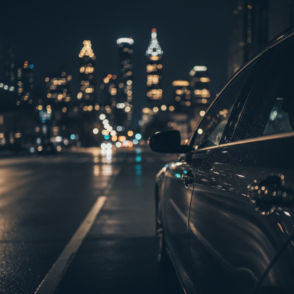 Atlanta Uber accident lawyer investigating a rideshare crash scene in downtown Atlanta at night