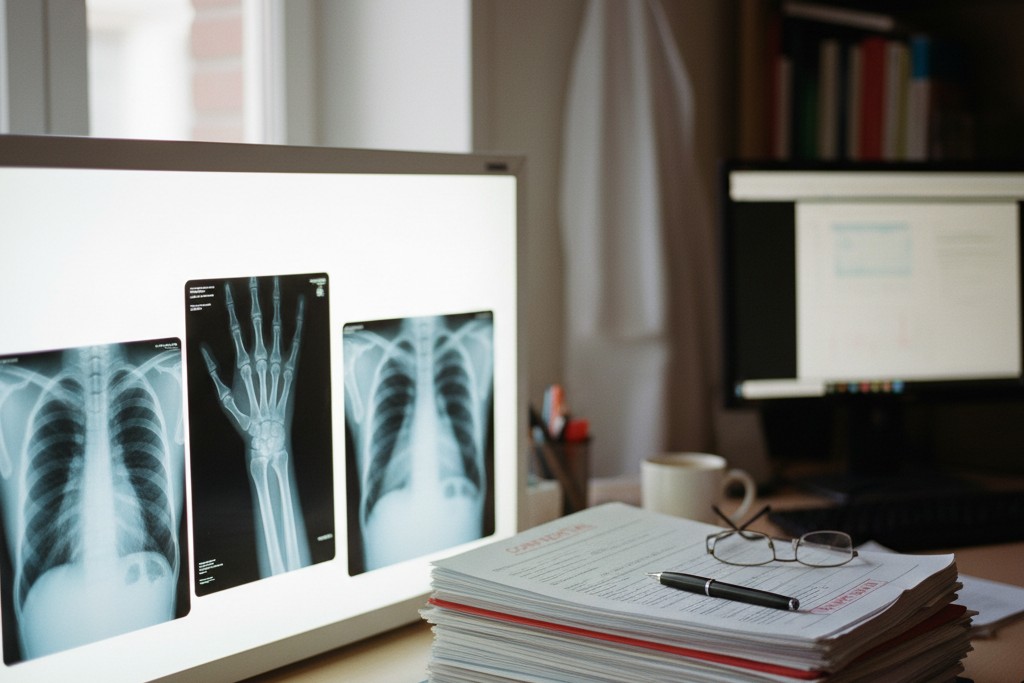 X-ray images on a lightbox next to medical case files representing evidence in an Atlanta medical malpractice case