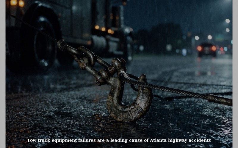 Close-up of tow truck hook mechanism on wet road surface illustrating equipment failure risks in Atlanta tow truck accidents