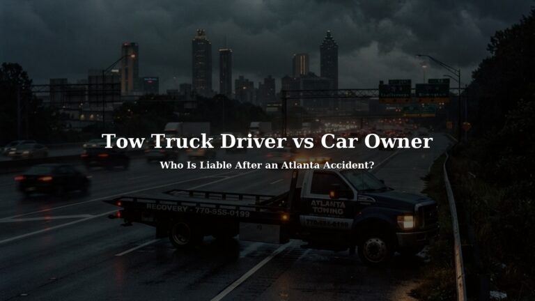 Tow truck on Atlanta highway at dusk for tow truck liability article