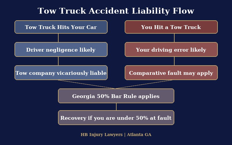 Liability flowchart infographic for tow truck accidents in Atlanta showing the decision path from crash to fault determination
