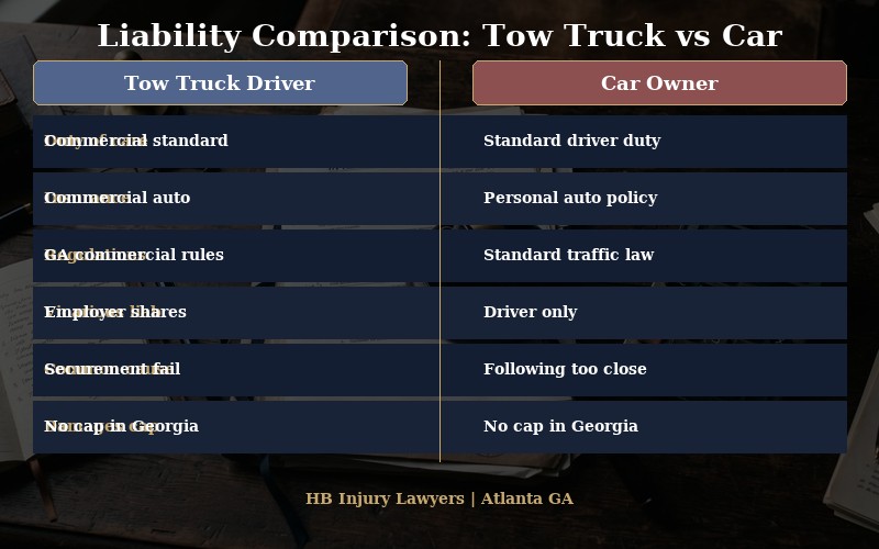 Comparison chart showing liability differences between tow truck drivers and car owners in Georgia personal injury cases
