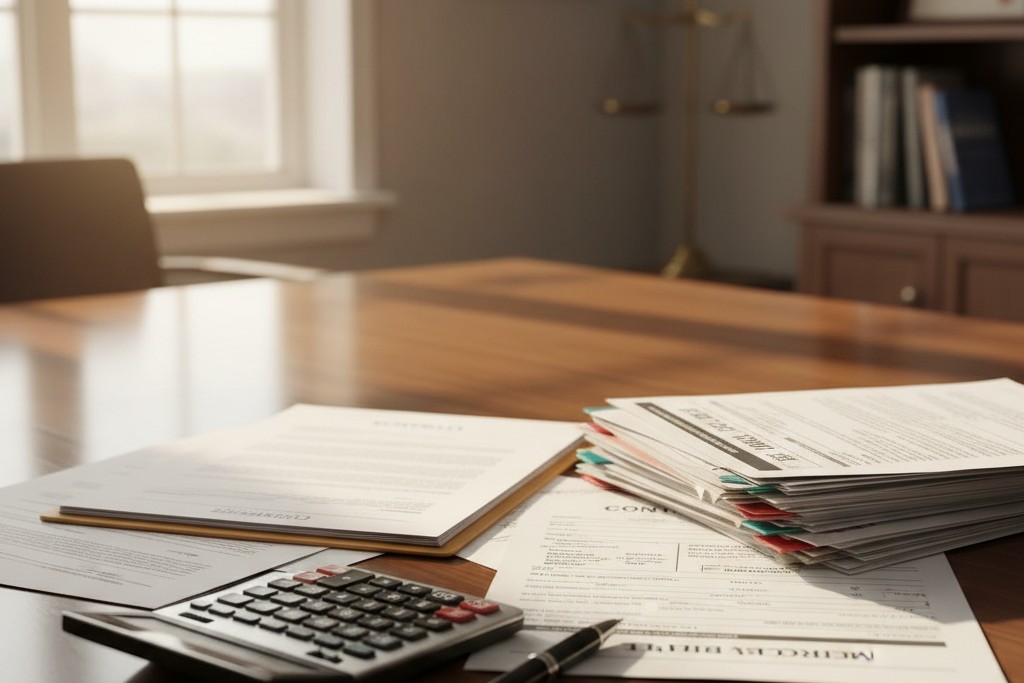 Workers compensation claim paperwork and medical bills on a desk with a calculator