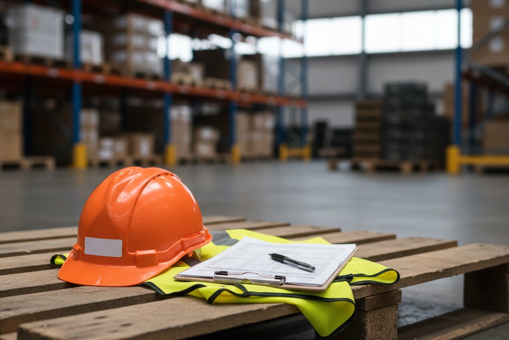 Warehouse safety gear including a hard hat and vest on a wooden pallet in an industrial setting