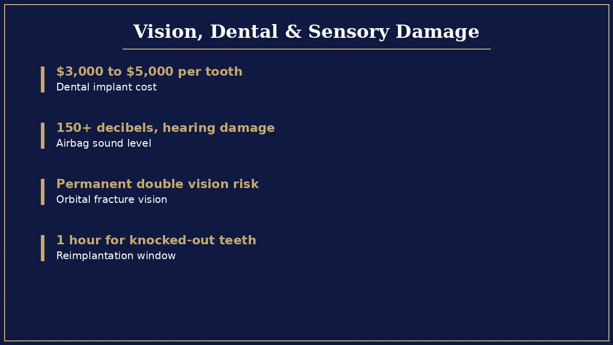 Vision loss, dental trauma, and sensory damage infographic