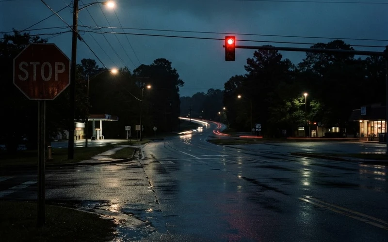 A Georgia traffic intersection at dusk where red light and stop sign violations occur