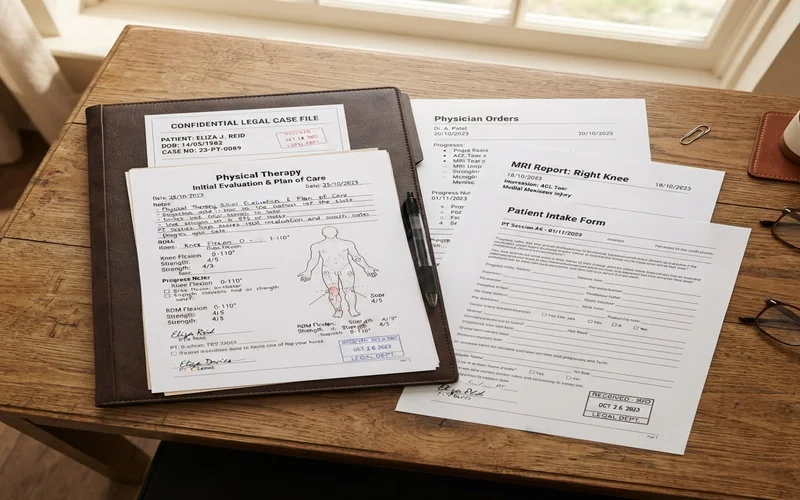 Medical documents and physical therapy notes on a desk for a Georgia soft tissue injury case