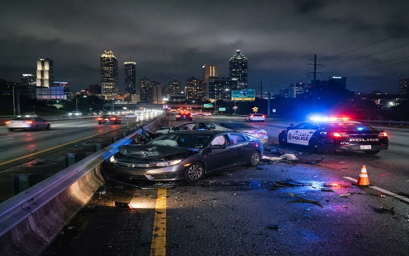 Car accident scene at night with police lights on an Atlanta road where insurance adjusters respond quickly