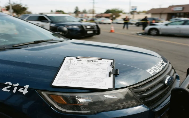 Police accident report clipboard on the hood of a car after a disputed I-285 rear-end collision in Atlanta
