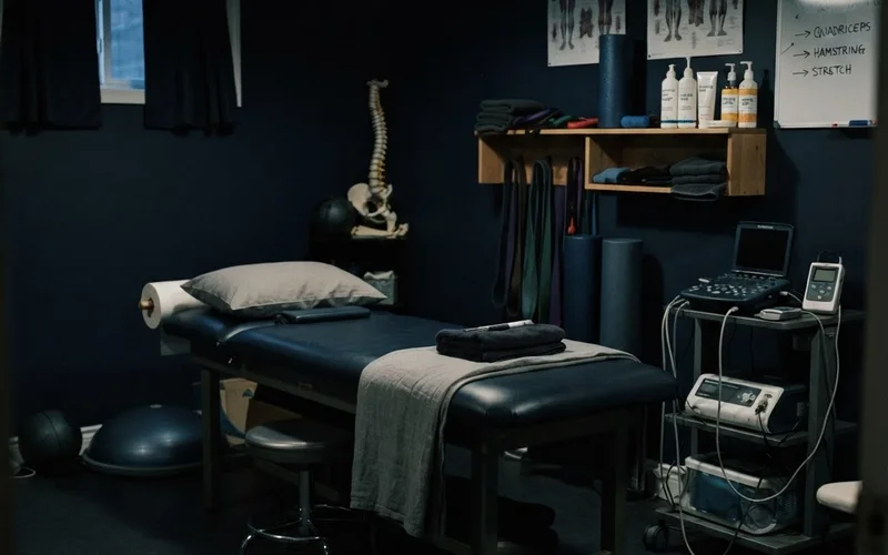Medical treatment room showing physical therapy equipment for soft tissue injury recovery