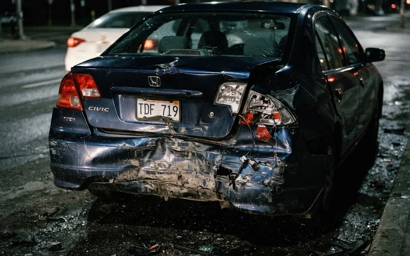 Damaged car rear end at accident scene showing rear-end collision damage